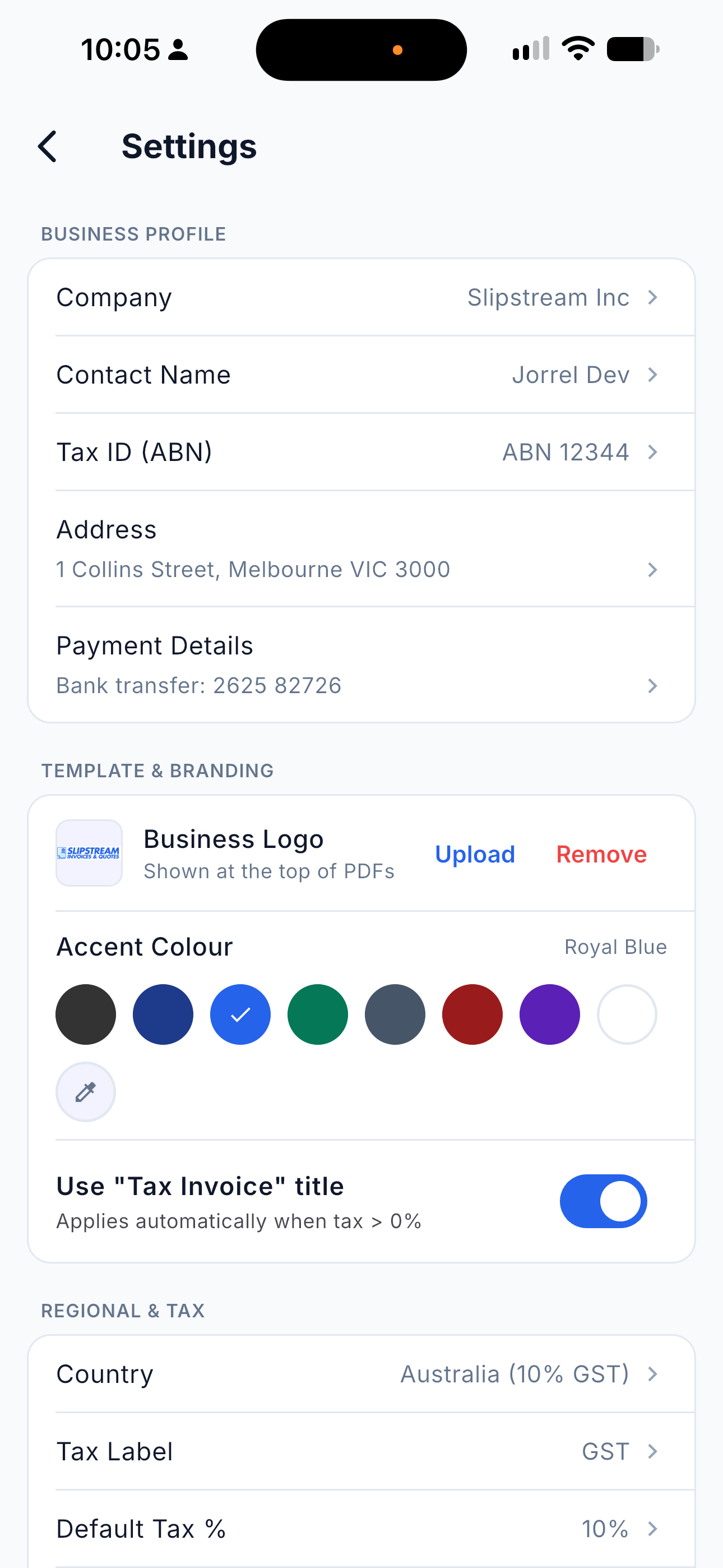 Business profile settings