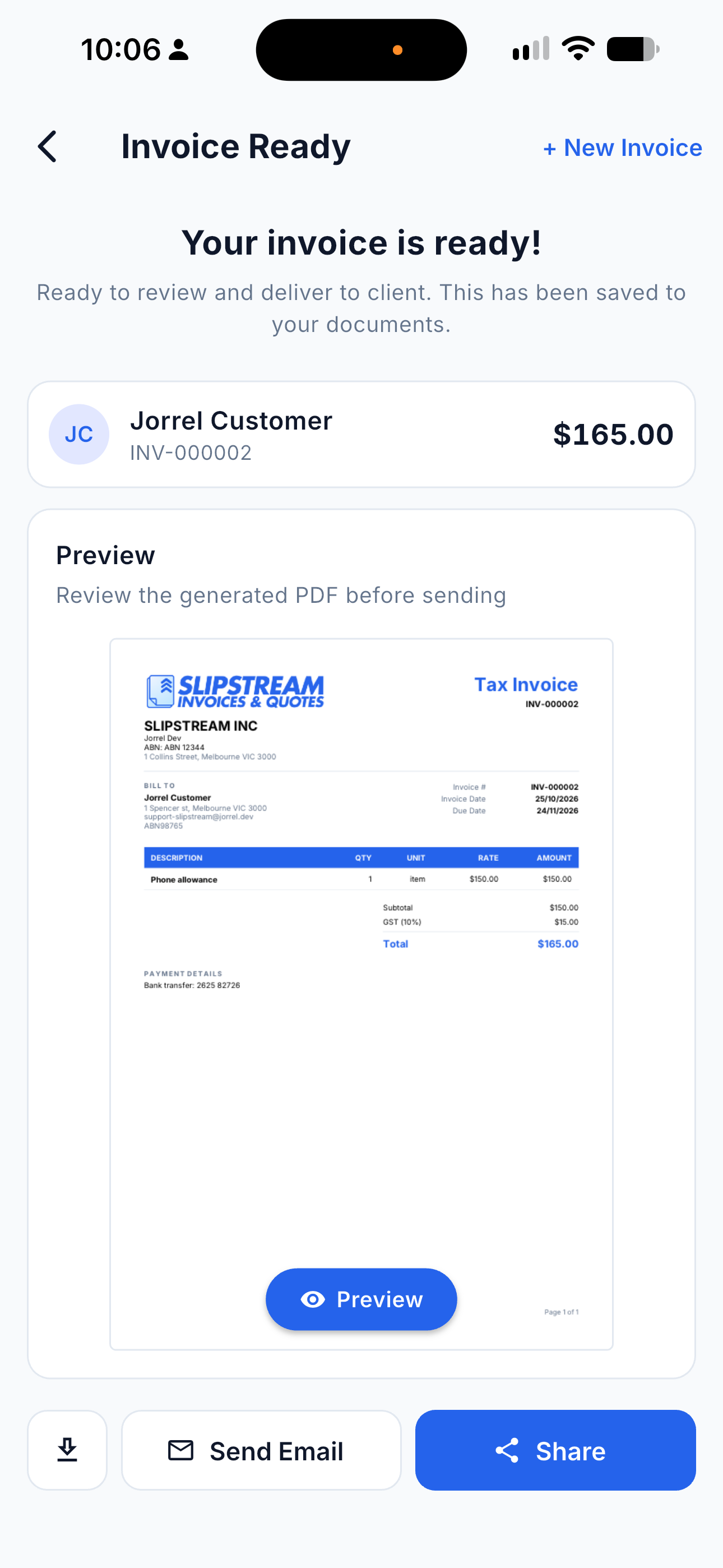 Invoice PDF preview, ready to send
